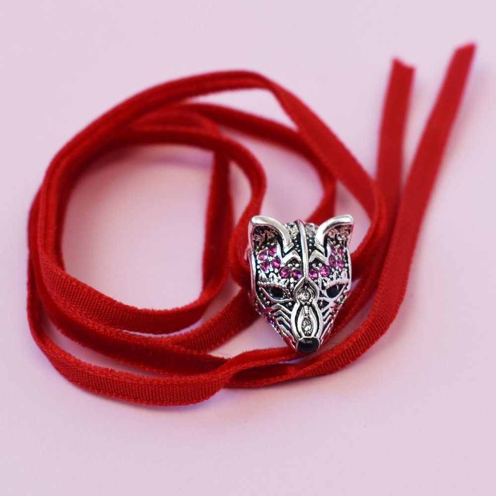 Thin red velvet collar choker necklace with crystal fox charm